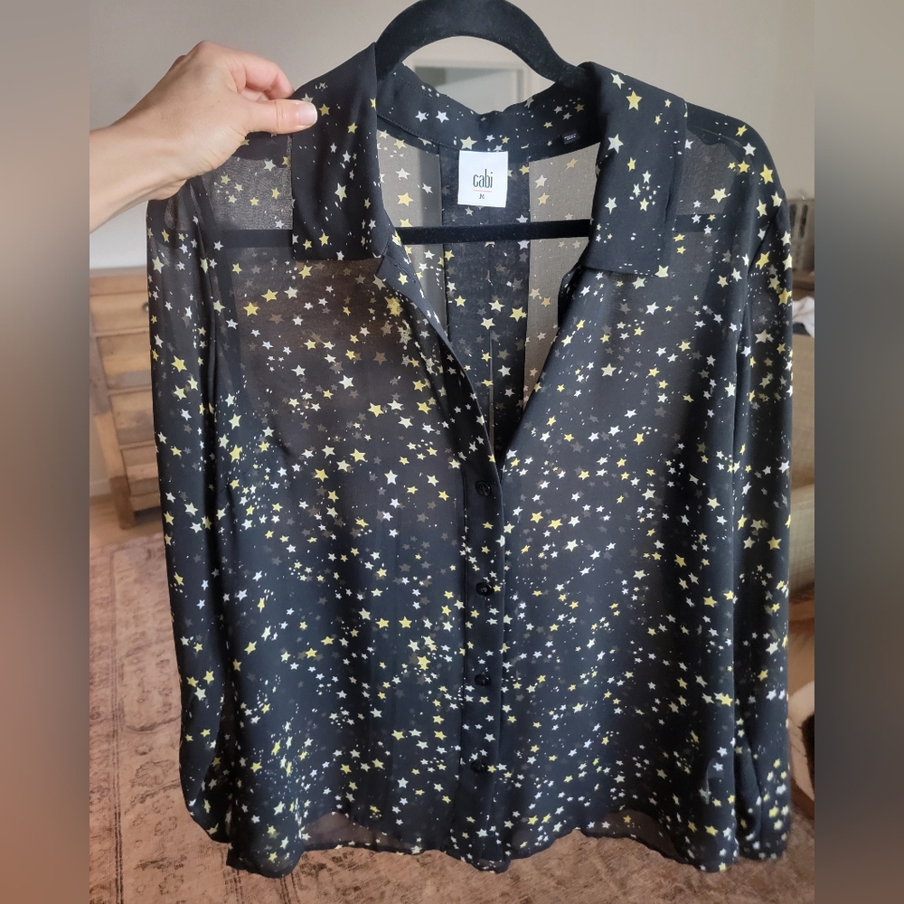 CAbi Sheer Black Blouse with Star Print